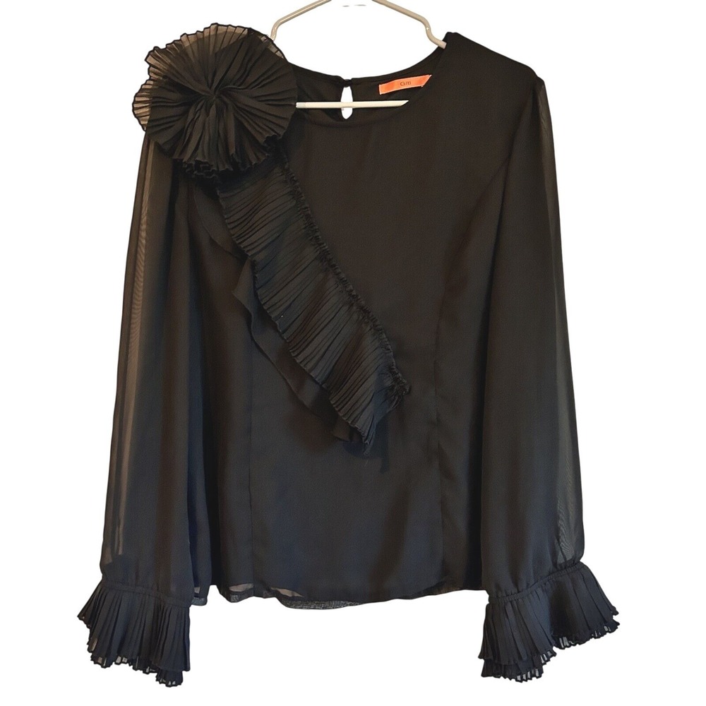 Giti Black Blouse Sz XL Sheer Sleeves Ruffle Flower Whimsigoth Dark Romantic